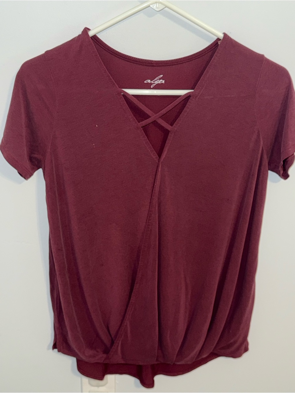 alya Burgundy Short-Sleeve Crisscross Surplice Top